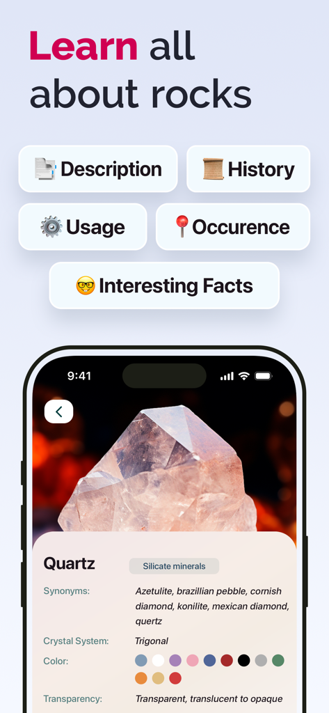 A detailed profile of Quartz in the Rock ID app showing educational categories like description, history, and usage