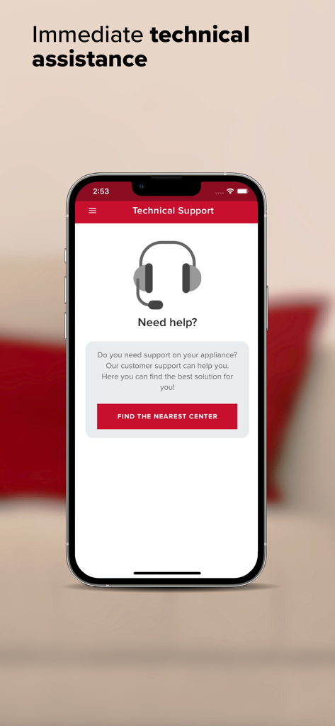 Ariston NET - Technical support screen in the Ariston NET app featuring a service center locator