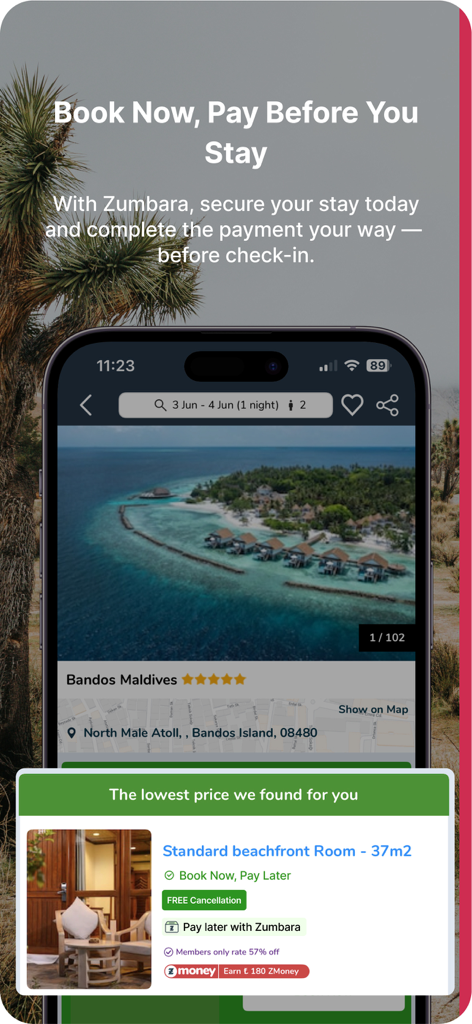 Otelz mobile app screenshot showing a hotel booking for Bandos Maldives with book now pay later options and member discounts.