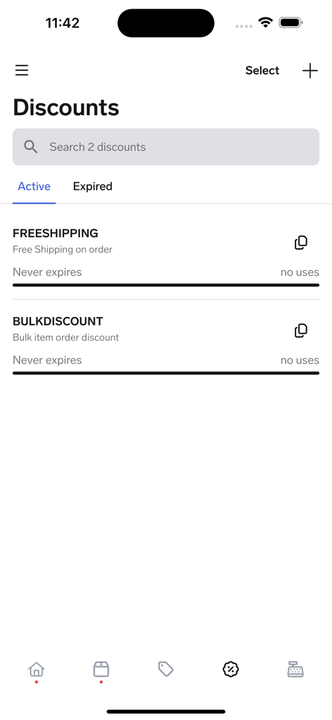 Big Cartelアプリの割引管理画面。送料無料やまとめ買いの有効なプロモーションコードを表示
