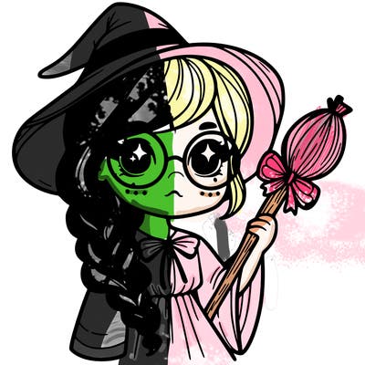 a witch with a braid and two glasses