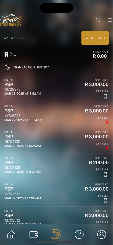 Vault Markets - Transaction history screen of the Vault Markets app showing a list of deposits and account balance