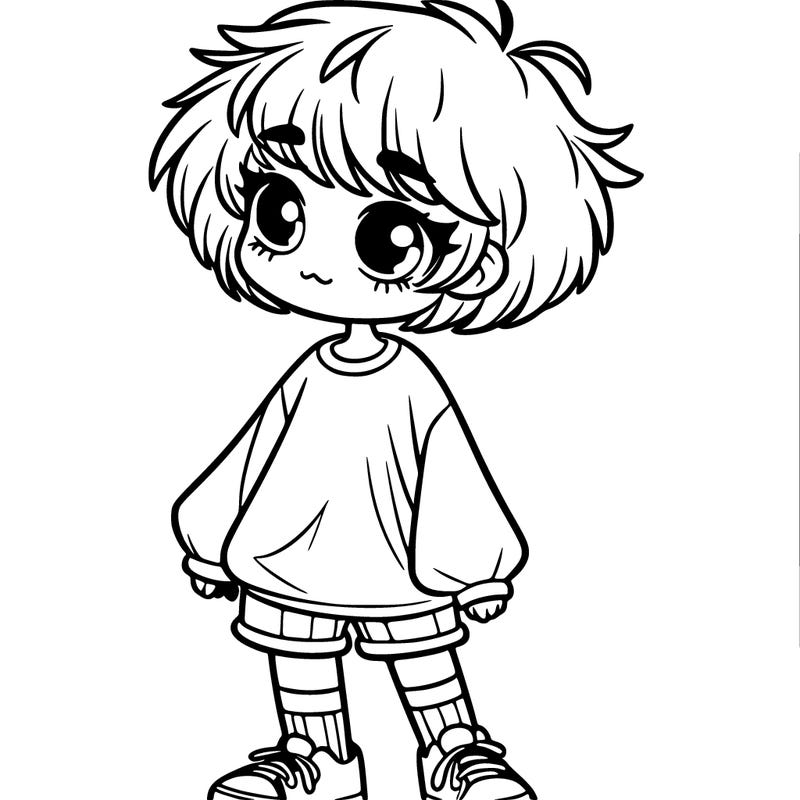 a girl with a short shaggy hair cut long socks baggy shirt  shorts