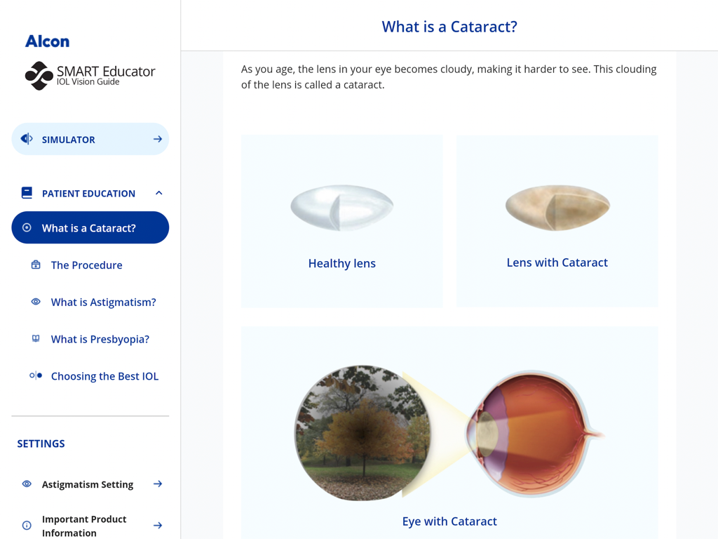 Educational screen explaining cataracts with visual comparisons of healthy and cloudy lenses.