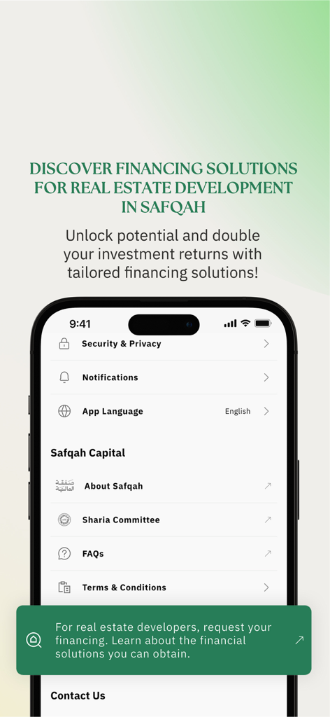 Écran de l'application Safqah Capital montrant les options de financement de développement immobilier et les paramètres de conformité à la Charia.