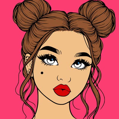 realistic girl with two buns on her hair and lips