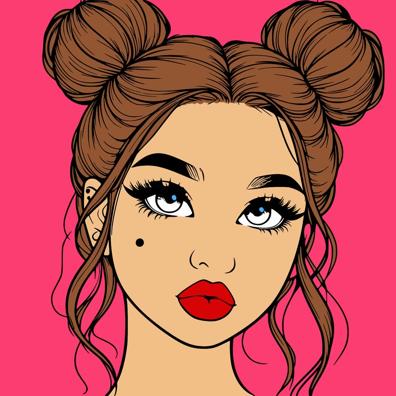 realistic girl with two buns on her hair and lips