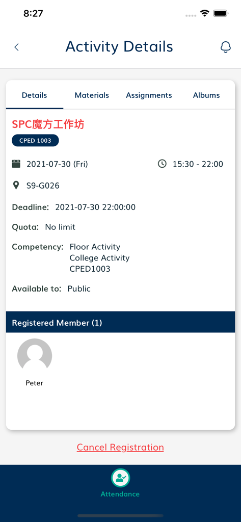 Eine Benutzeroberfläche einer Mobil-App, die Details zu Aktivitäten des Wohnheims der Universität anzeigt, einschließlich Zeit, Ort und registrierte Mitglieder.