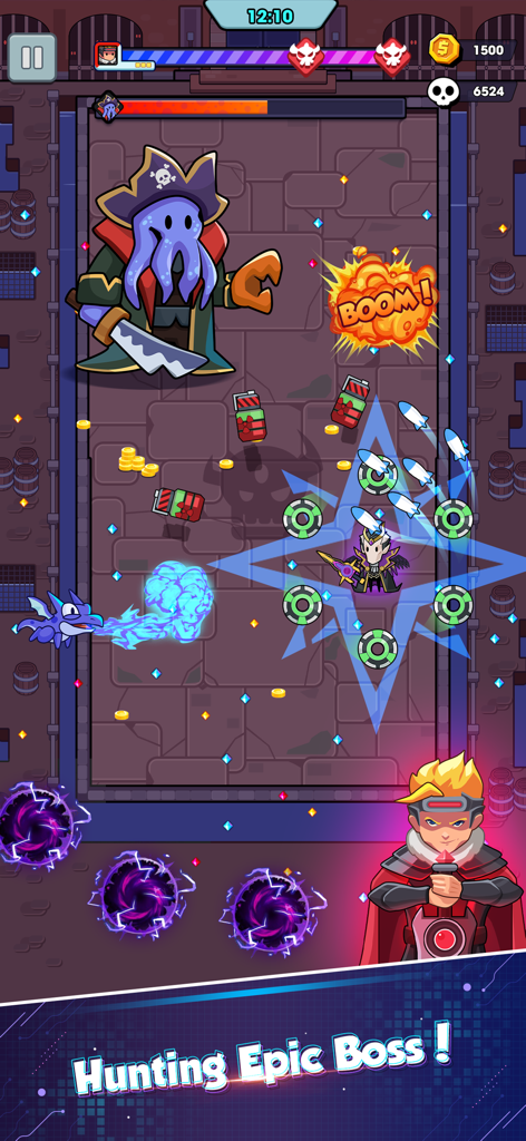 Héroe luchando contra un pulpo pirata gigante en un nivel de mazmorra