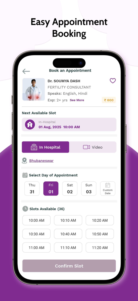 Ankura Health+ - Ankura Health app interface for booking a doctor appointment showing specialist details and available time slots