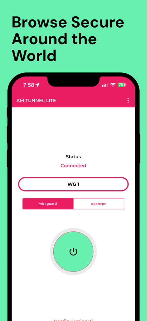 AM TUNNEL LITE App-Oberfläche, die den verbundenen VPN-Status mit ausgewähltem WireGuard-Protokoll anzeigt