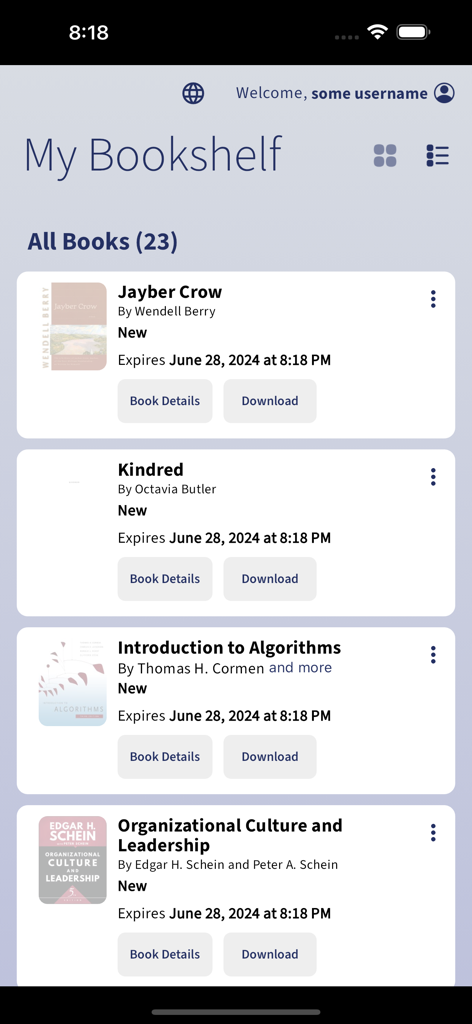 Ebook Central - Interfaz de biblioteca digital que muestra la pantalla Mi estantería con libros académicos y opciones de descarga