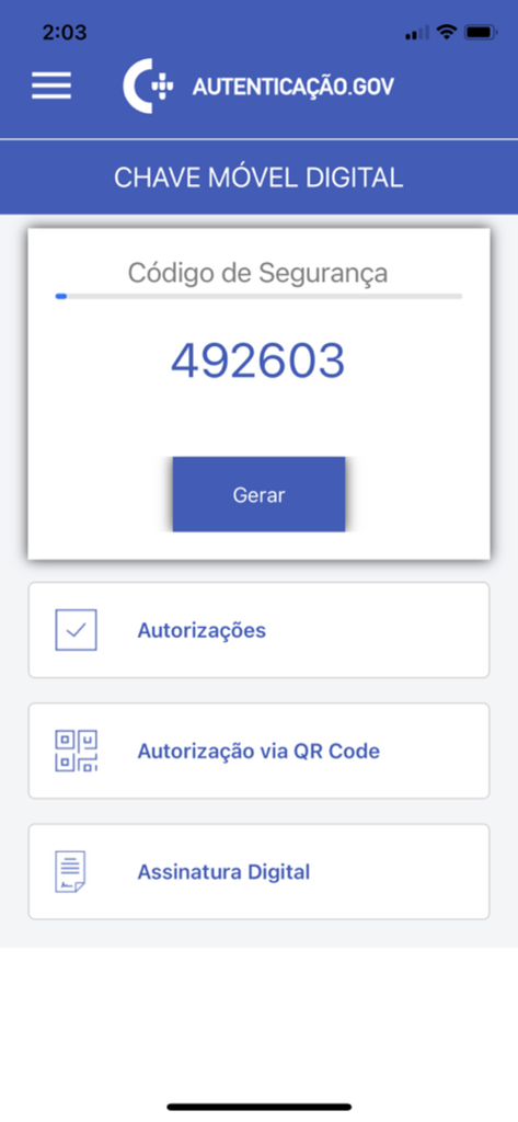 Autenticação Gov - Interfaccia dell'app Autenticação Gov che mostra un codice di sicurezza temporaneo e opzioni per firma digitale e autorizzazione.