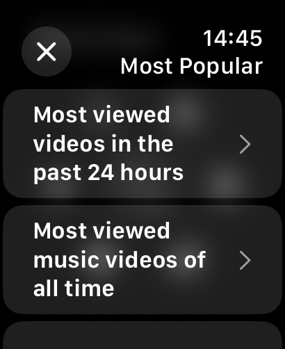 WristTube+ Player for YouTube - Most Popular video categories screen on the WristTube plus Apple Watch app interface