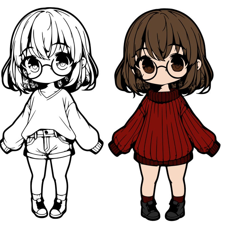 a anime girl with medium hair glasses big eyes a very long sweater little jean shorts no shoes and socks