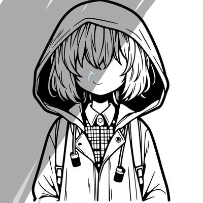 little anime girl in a raincoat her hair is covering her eyes she has a lighter