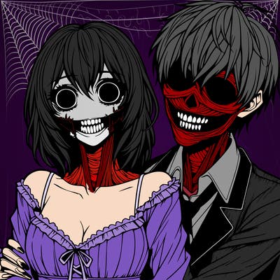 realistic scary creepy girl and boy couple romance horror anime