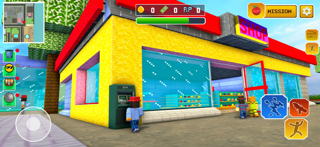 Block Party Fun World - A pixel character using an ATM outside a colorful yellow shop in Block Party Fun World.