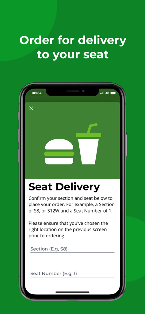 OVO Arena Wembley - OVO Arena Wembley mobile app screen showing the seat delivery ordering interface for food and drinks