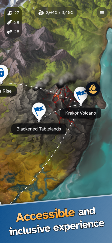 A screenshot of the Land of Livia adventure map showing quest locations like Krakor Volcano with a text overlay about its inclusive design.
