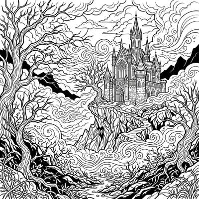 Journey to a mysterious realm with this intricate adult coloring page, featuring a majestic gothic castle emerging from swirling fog. Unleash your creativity and find tranquility as you bring this haunting scene to life.