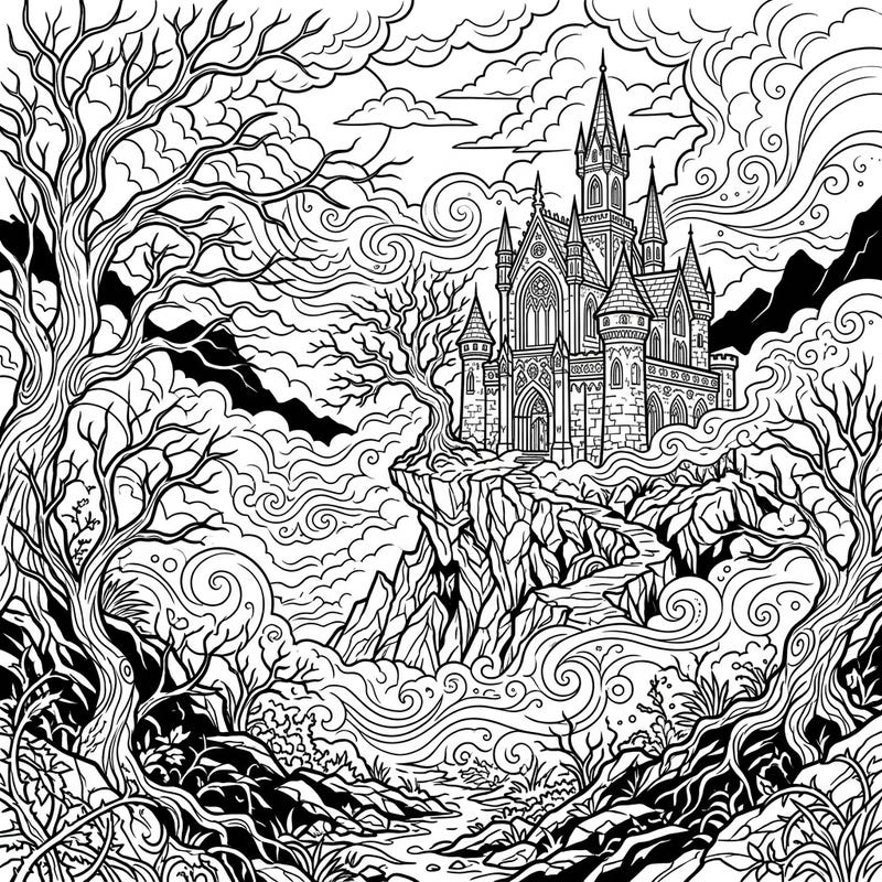 Journey to a mysterious realm with this intricate adult coloring page, featuring a majestic gothic castle emerging from swirling fog. Unleash your creativity and find tranquility as you bring this haunting scene to life.