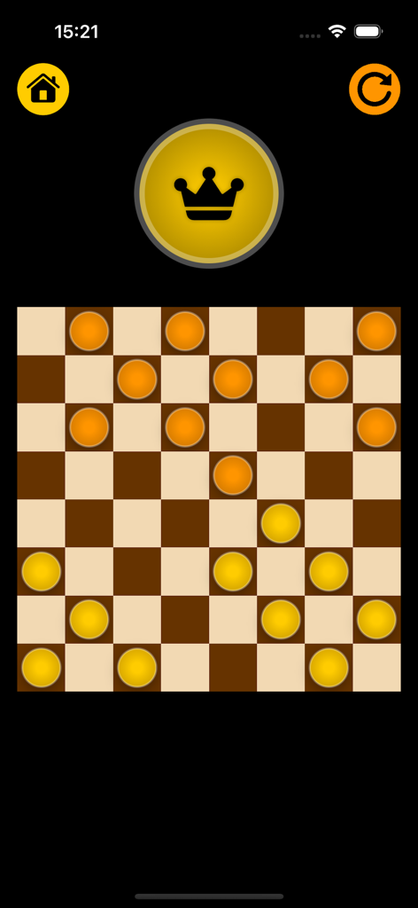 Juego de tablero de damas mostrando piezas naranjas y amarillas con un icono de corona.
