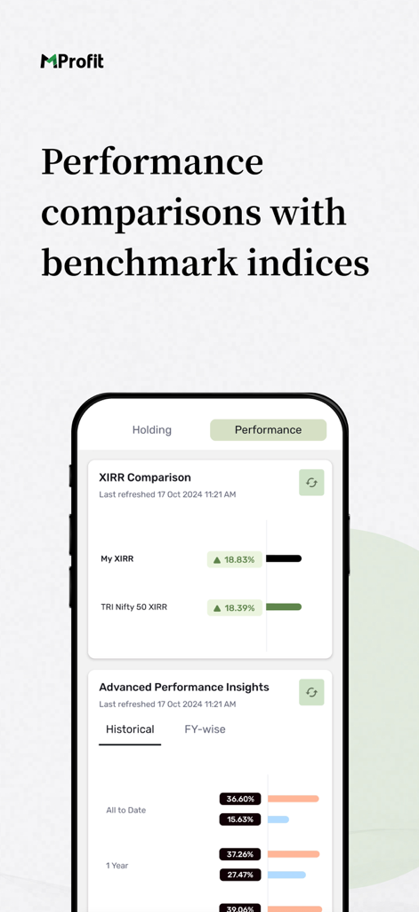 MProfit - MProfit app screen comparing personal investment performance against benchmark indices