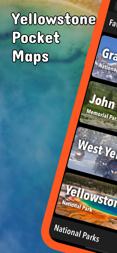 Yellowstone Pocket Maps - Interface de l'application Yellowstone Pocket Maps montrant les guides des parcs nationaux