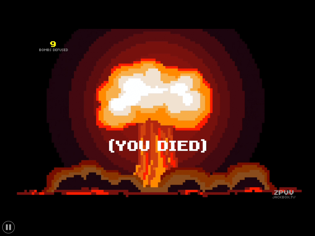 The Jackbox Party Pack 2 - Una explosión en pixel art y el texto 'You Died' del juego Bomb Corp en The Jackbox Party Pack 2.