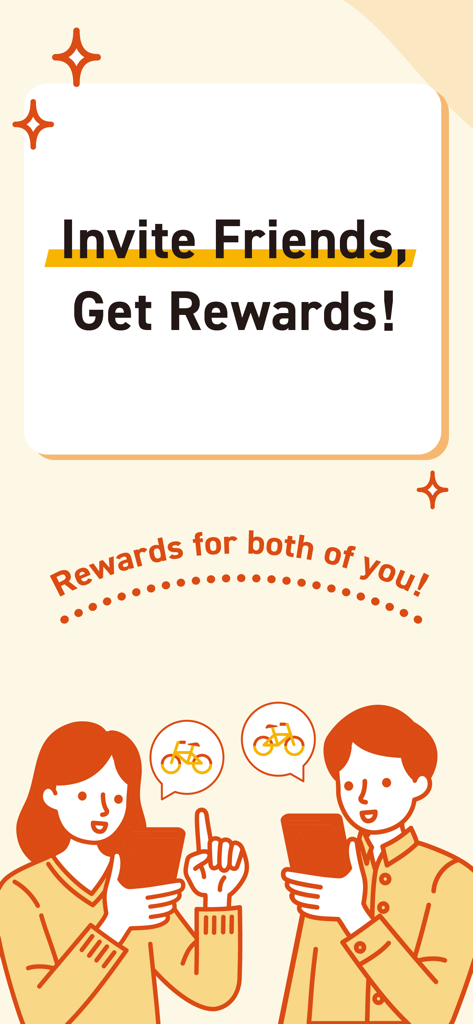 An illustration showing two people using their smartphones to invite friends and earn rewards on the HELLO CYCLING app
