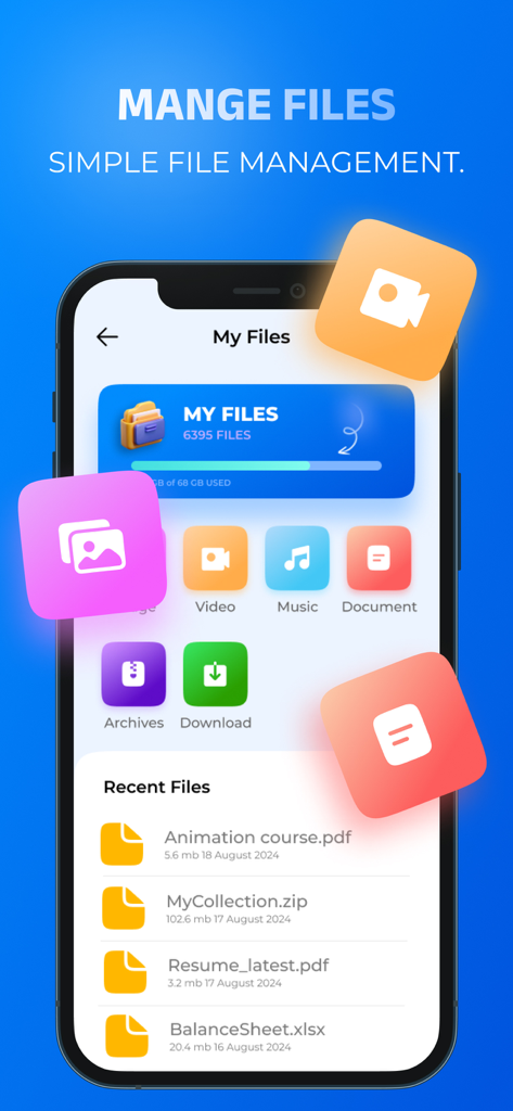 Quick Share: Fast File Sharing - Interfaz de la aplicación Quick Share mostrando categorías de archivos organizadas y una lista de documentos utilizados recientemente.