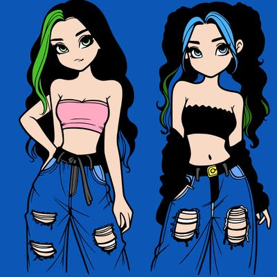 2 girls in crop tops and baggy jeans ripped