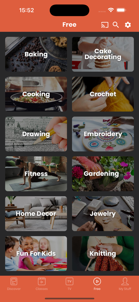 A grid of hobby categories in the Craftsy app showing free classes for baking, crochet, knitting, and gardening.