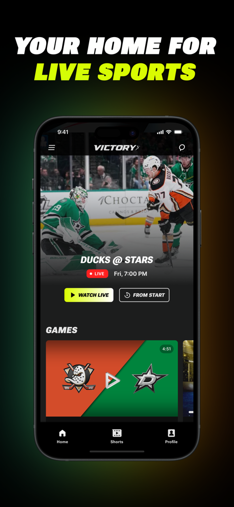 Smartphone screen displaying the Victory plus app with a live hockey game between the Ducks and Stars.