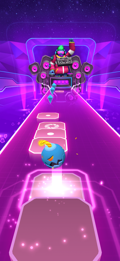 Dream Bounce - Blue character bouncing on neon tiles in a music rhythm game with a gorilla DJ