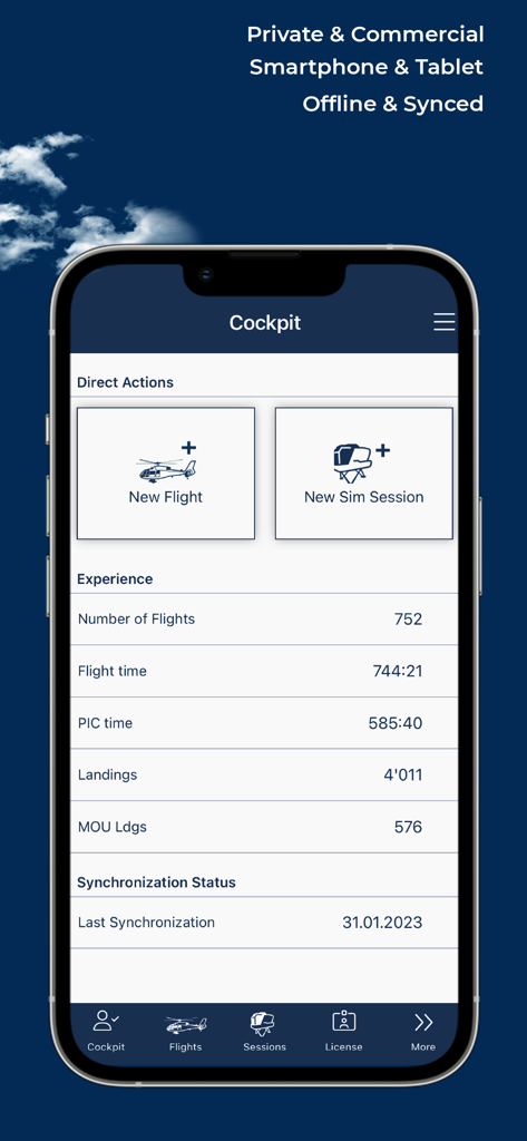 capzlog.aero pilot logbook - Cockpit dashboard of the capzlog.aero app showing flight hours landings and new entry buttons