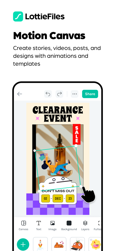 Interface do LottieFiles Motion Canvas para criar posts e vídeos animados para redes sociais
