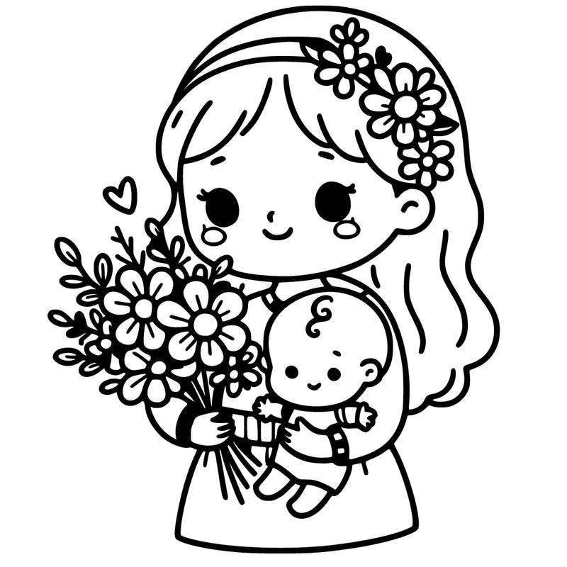 a girl holding flowers and a baby