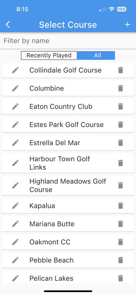 Golf Bank App - Interface for selecting a golf course from a list in the Golf Bank betting app