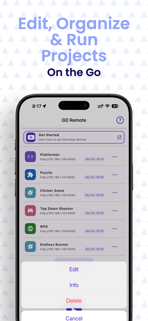 GDev Remote - for GDevelop - GDev Remote app interface showing a list of game projects and edit options