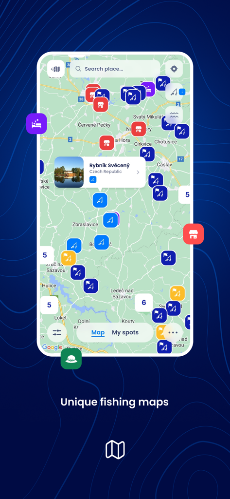 FISHSURFING - FISHSURFING app interface showing an interactive map with icons for fishing grounds, tackle stores, and accommodations.