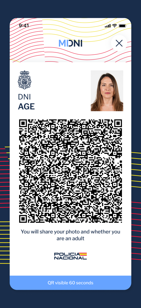 Pantalla de la app MiDNI mostrando un código QR de identidad digital con verificación de edad y foto del usuario