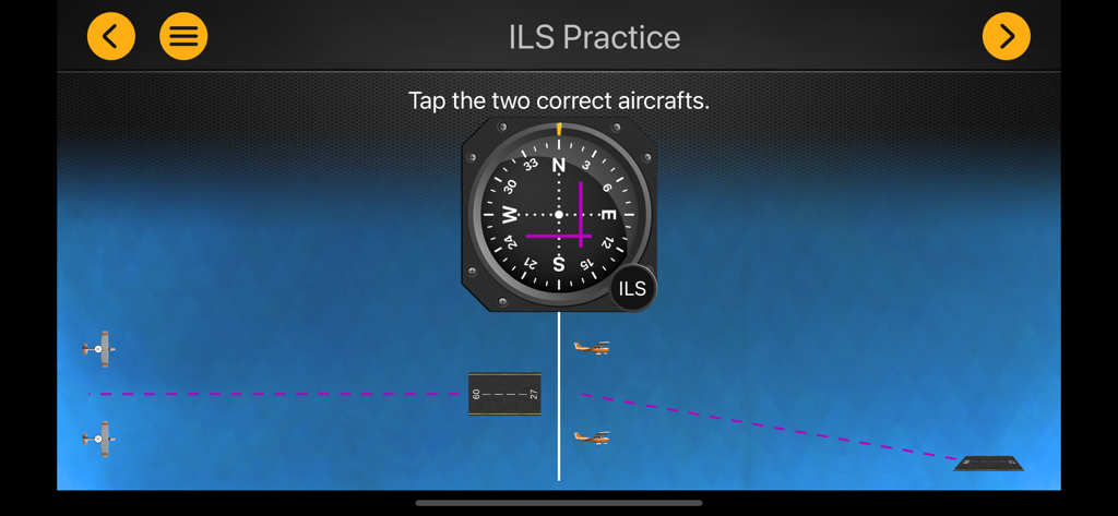 VOR + ILS Trainer – IFR Pilot - An ILS practice screen showing instrument landing system navigation exercises and aircraft positioning.