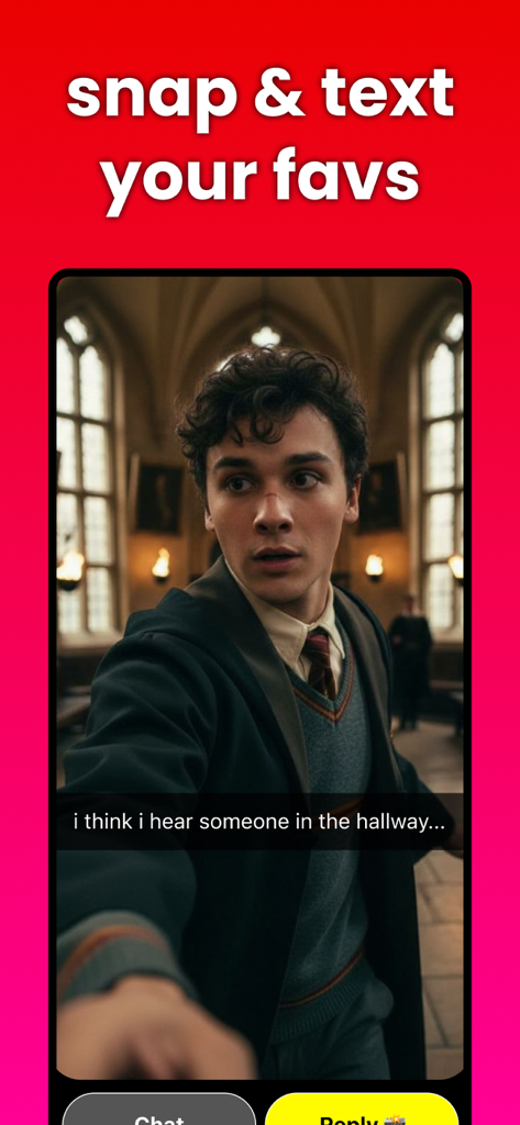 A screenshot of the Simmy app showing an interactive character chat in a magical school setting