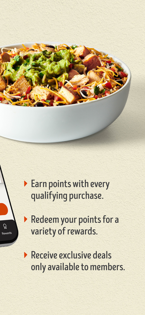 Moe’s Southwest Grill - A fresh Moe's Southwest Grill burrito bowl with text highlights for earning points and exclusive member rewards.