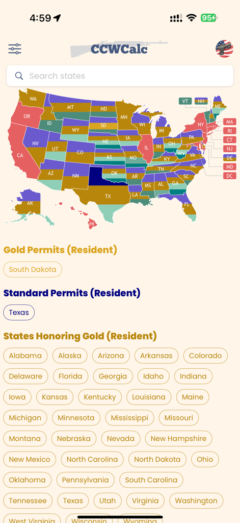 CCWCalc app interface showing a US reciprocity map for gun permits