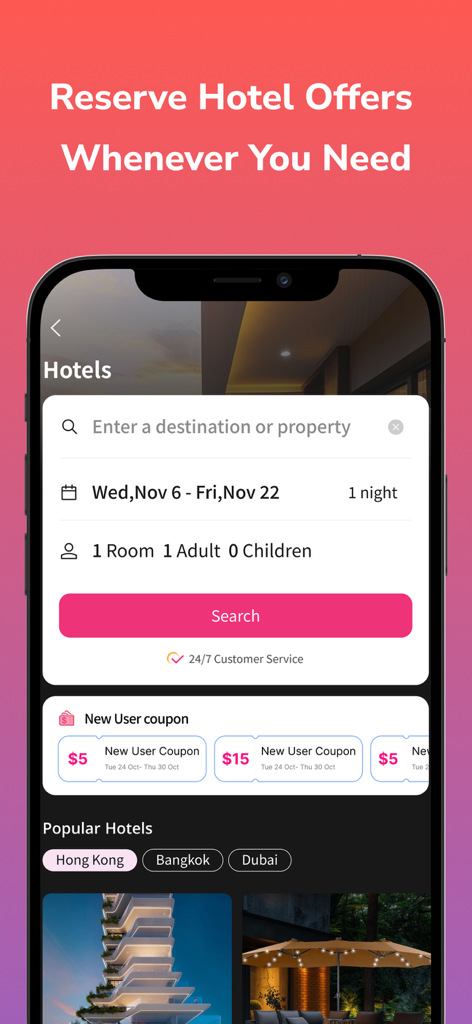 Captura de tela do aplicativo Umy mostrando a interface de pesquisa de hotéis e cupons de desconto para novos usuários.