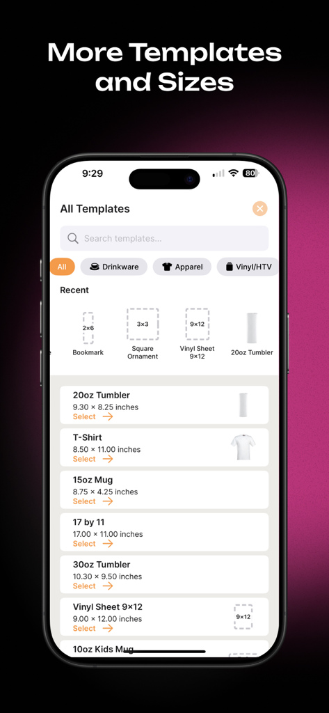 SubPrinta - Sublimation Design - Interfaz de la aplicación SubPrinta que lista plantillas de sublimación para vasos y prendas de vestir.
