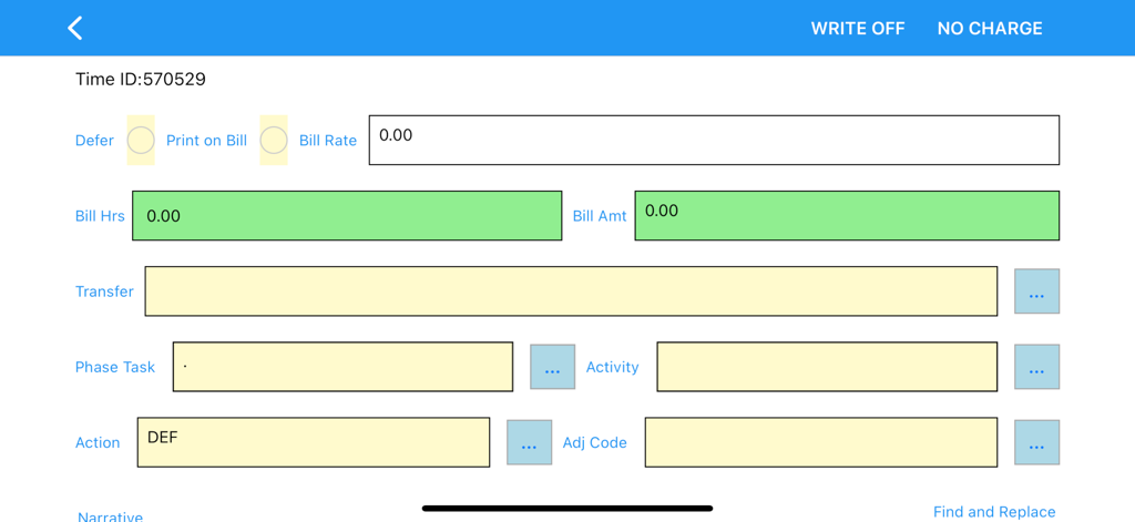 PrebillViewer - Detailed time entry editing interface for legal billing in the PrebillViewer mobile app